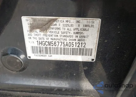 2005 Honda Accord 2.4 Ex из США, поврежденный, VIN 1HGCM56775A051212